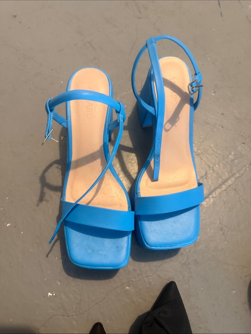 Bright Blue Square-Toe Block Heel Sandals with Ankle Strap